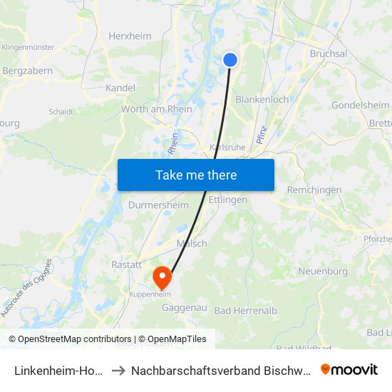 Linkenheim-Hochstetten to Nachbarschaftsverband Bischweier-Kuppenheim map