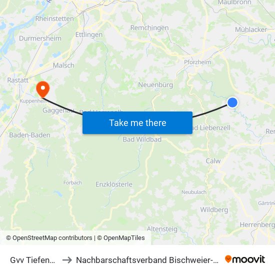 Gvv Tiefenbronn to Nachbarschaftsverband Bischweier-Kuppenheim map