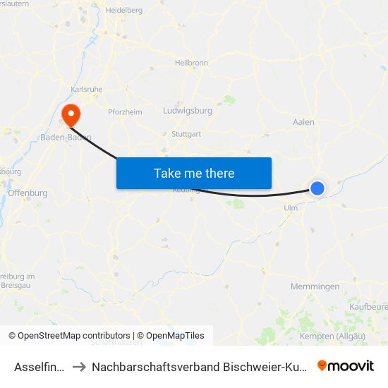 Asselfingen to Nachbarschaftsverband Bischweier-Kuppenheim map