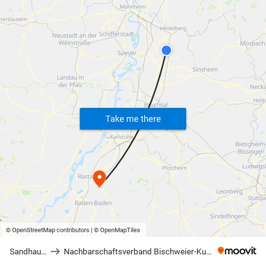 Sandhausen to Nachbarschaftsverband Bischweier-Kuppenheim map