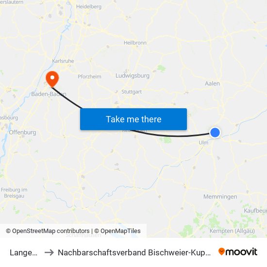 Langenau to Nachbarschaftsverband Bischweier-Kuppenheim map