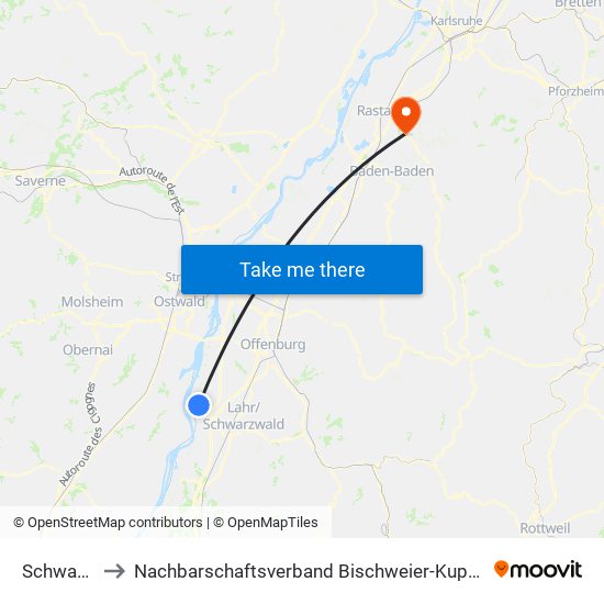 Schwanau to Nachbarschaftsverband Bischweier-Kuppenheim map