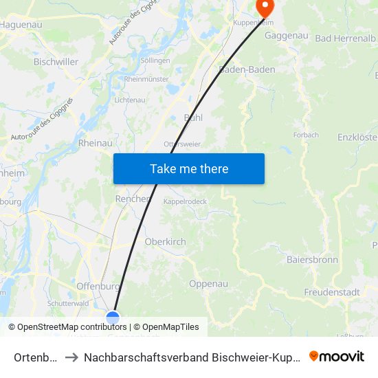 Ortenberg to Nachbarschaftsverband Bischweier-Kuppenheim map