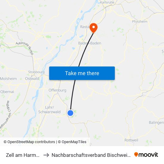 Zell am Harmersbach to Nachbarschaftsverband Bischweier-Kuppenheim map
