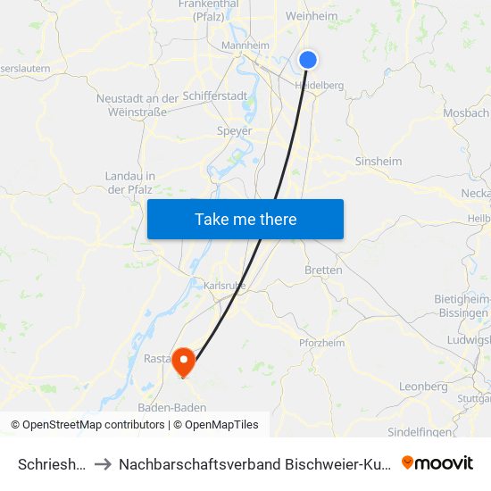 Schriesheim to Nachbarschaftsverband Bischweier-Kuppenheim map