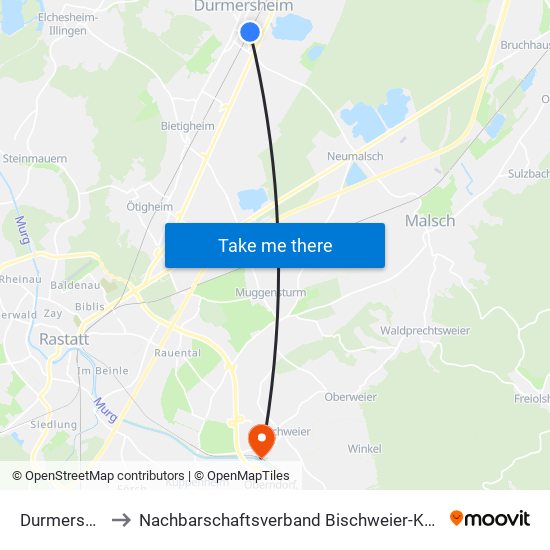 Durmersheim to Nachbarschaftsverband Bischweier-Kuppenheim map