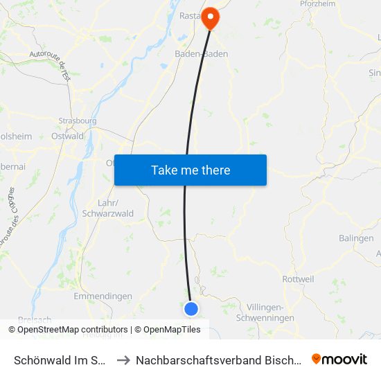 Schönwald Im Schwarzwald to Nachbarschaftsverband Bischweier-Kuppenheim map
