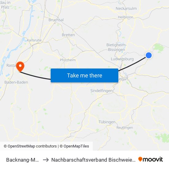 Backnang-Maubach to Nachbarschaftsverband Bischweier-Kuppenheim map