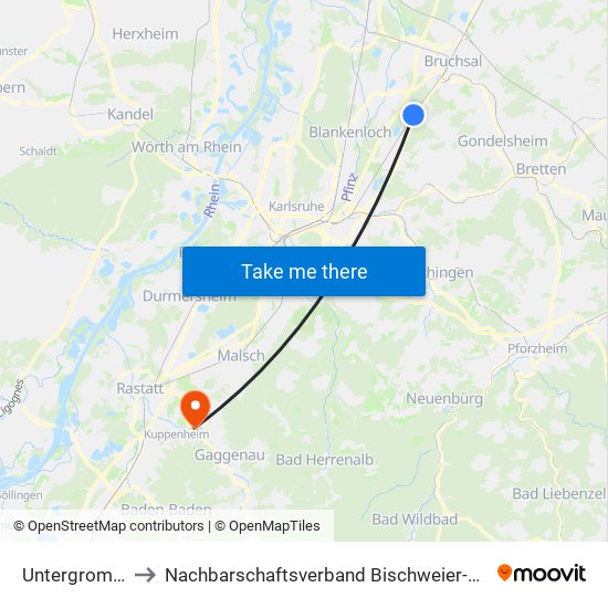 Untergrombach to Nachbarschaftsverband Bischweier-Kuppenheim map