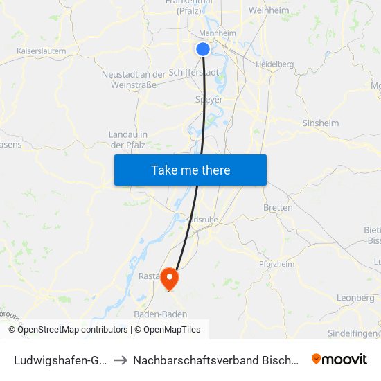 Ludwigshafen-Gartenstadt to Nachbarschaftsverband Bischweier-Kuppenheim map