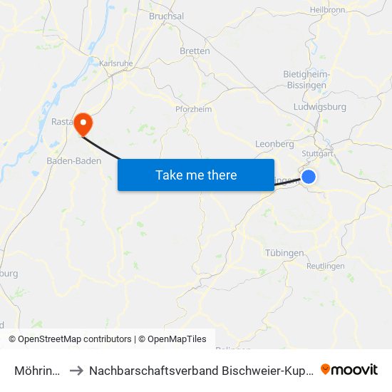 Möhringen to Nachbarschaftsverband Bischweier-Kuppenheim map