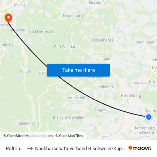 Poltringen to Nachbarschaftsverband Bischweier-Kuppenheim map