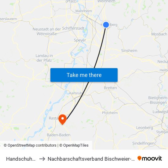 Handschuhsheim to Nachbarschaftsverband Bischweier-Kuppenheim map