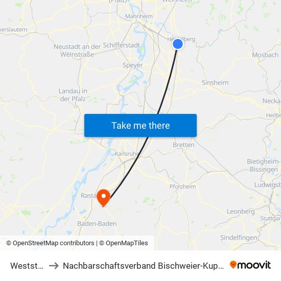 Weststadt to Nachbarschaftsverband Bischweier-Kuppenheim map