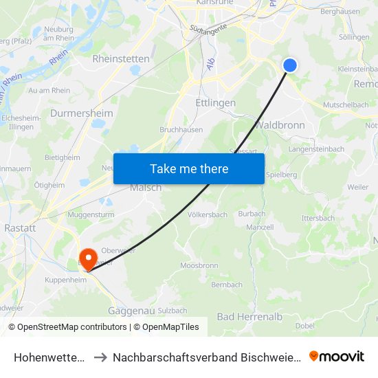 Hohenwettersbach to Nachbarschaftsverband Bischweier-Kuppenheim map