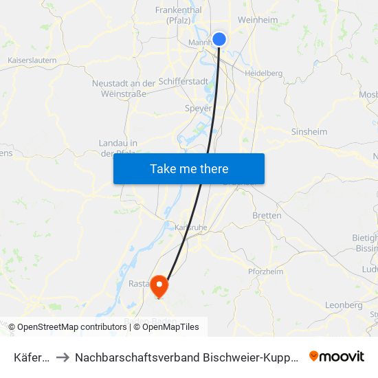 Käfertal to Nachbarschaftsverband Bischweier-Kuppenheim map