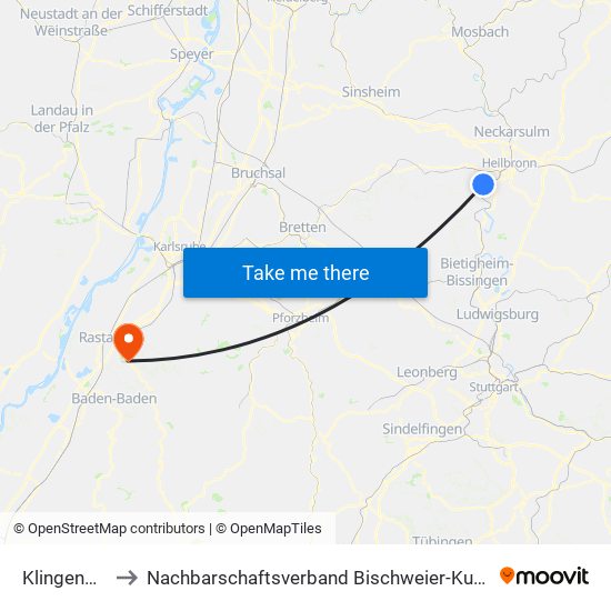 Klingenberg to Nachbarschaftsverband Bischweier-Kuppenheim map