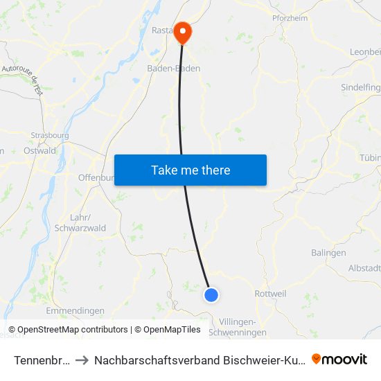 Tennenbronn to Nachbarschaftsverband Bischweier-Kuppenheim map