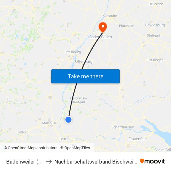 Badenweiler (Kernort) to Nachbarschaftsverband Bischweier-Kuppenheim map