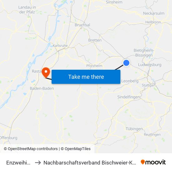 Enzweihingen to Nachbarschaftsverband Bischweier-Kuppenheim map