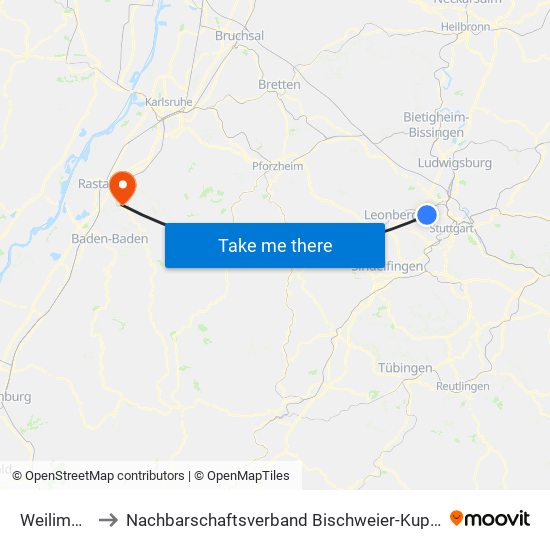 Weilimdorf to Nachbarschaftsverband Bischweier-Kuppenheim map