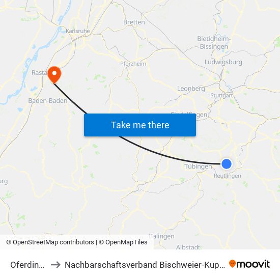 Oferdingen to Nachbarschaftsverband Bischweier-Kuppenheim map