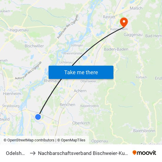 Odelshofen to Nachbarschaftsverband Bischweier-Kuppenheim map
