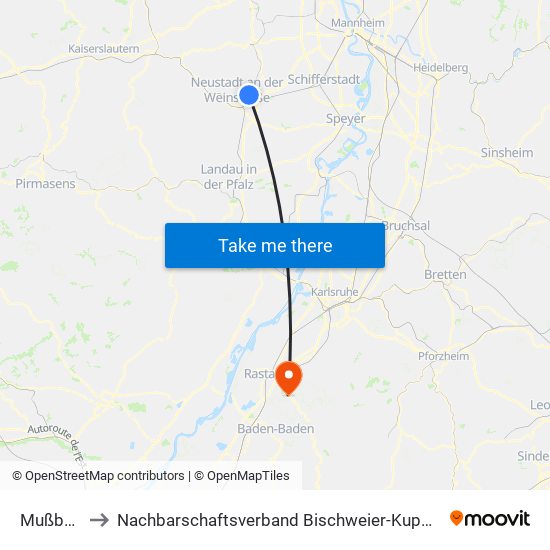 Mußbach to Nachbarschaftsverband Bischweier-Kuppenheim map
