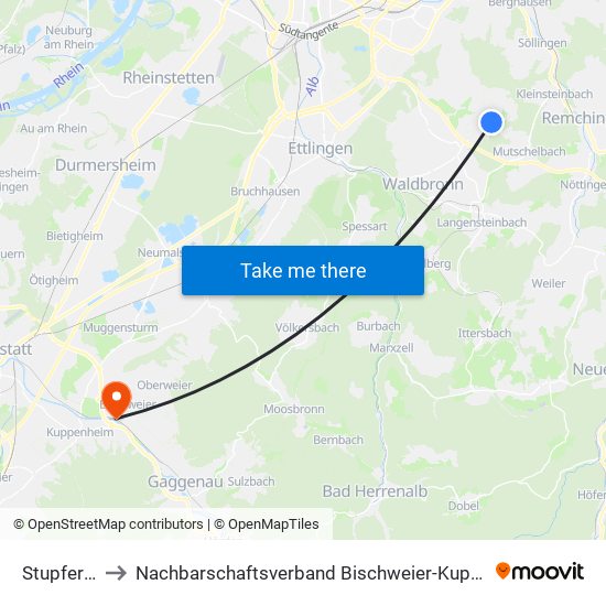 Stupferich to Nachbarschaftsverband Bischweier-Kuppenheim map