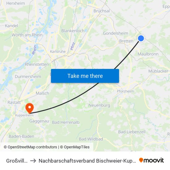Großvillars to Nachbarschaftsverband Bischweier-Kuppenheim map
