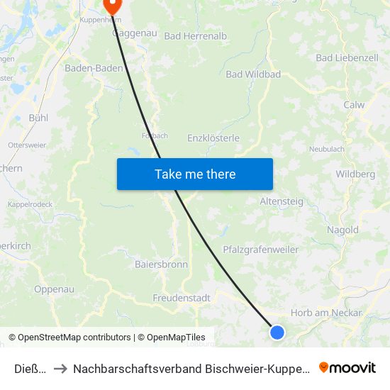 Dießen to Nachbarschaftsverband Bischweier-Kuppenheim map