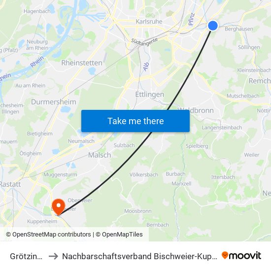 Grötzingen to Nachbarschaftsverband Bischweier-Kuppenheim map