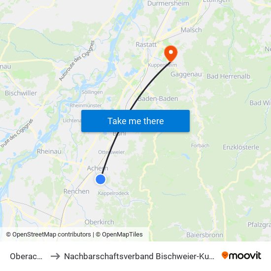 Oberachern to Nachbarschaftsverband Bischweier-Kuppenheim map