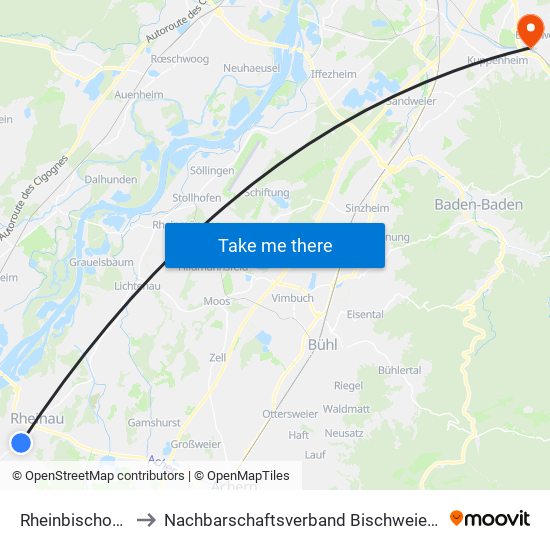 Rheinbischofsheim to Nachbarschaftsverband Bischweier-Kuppenheim map