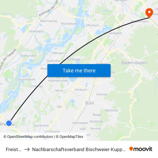 Freistett to Nachbarschaftsverband Bischweier-Kuppenheim map