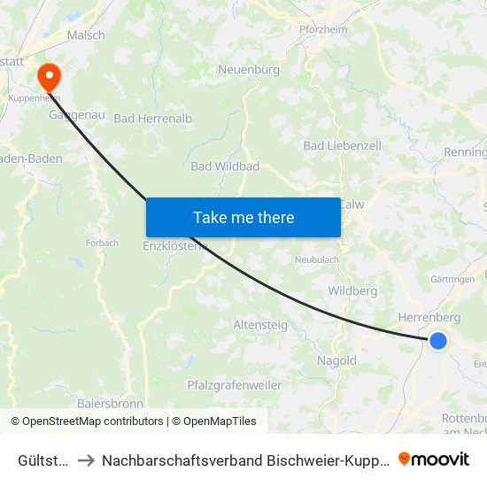 Gültstein to Nachbarschaftsverband Bischweier-Kuppenheim map