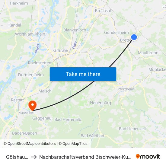 Gölshausen to Nachbarschaftsverband Bischweier-Kuppenheim map