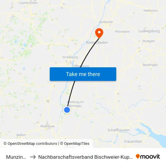 Munzingen to Nachbarschaftsverband Bischweier-Kuppenheim map