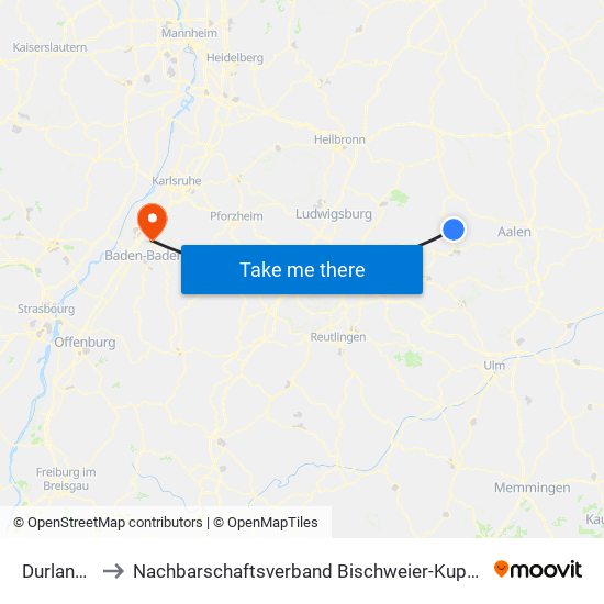 Durlangen to Nachbarschaftsverband Bischweier-Kuppenheim map