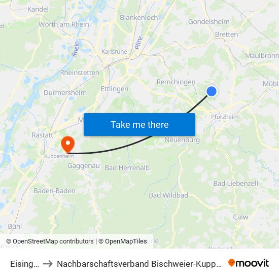 Eisingen to Nachbarschaftsverband Bischweier-Kuppenheim map