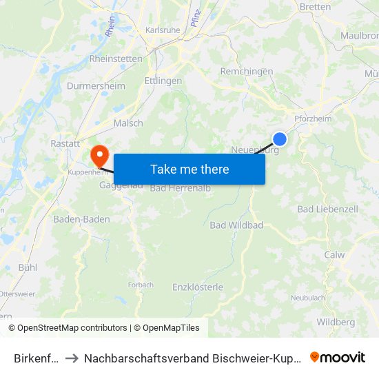 Birkenfeld to Nachbarschaftsverband Bischweier-Kuppenheim map