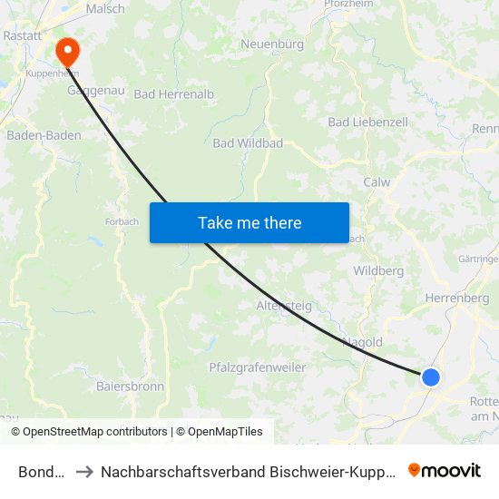 Bondorf to Nachbarschaftsverband Bischweier-Kuppenheim map