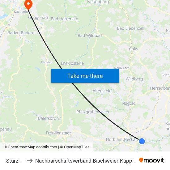 Starzach to Nachbarschaftsverband Bischweier-Kuppenheim map