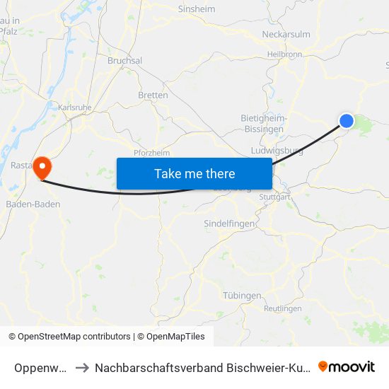 Oppenweiler to Nachbarschaftsverband Bischweier-Kuppenheim map