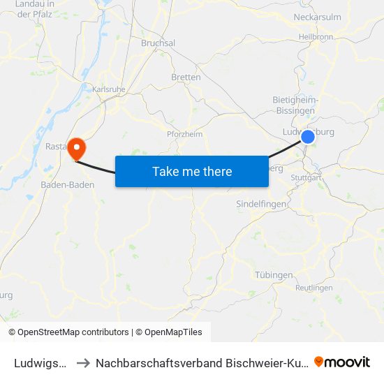 Ludwigsburg to Nachbarschaftsverband Bischweier-Kuppenheim map