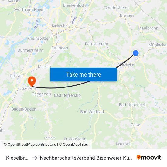 Kieselbronn to Nachbarschaftsverband Bischweier-Kuppenheim map
