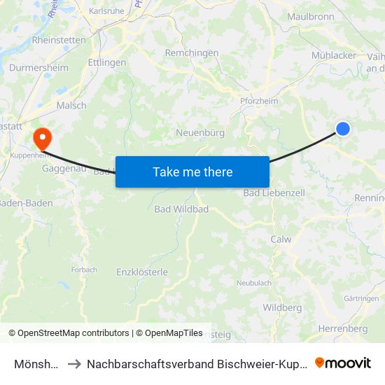 Mönsheim to Nachbarschaftsverband Bischweier-Kuppenheim map