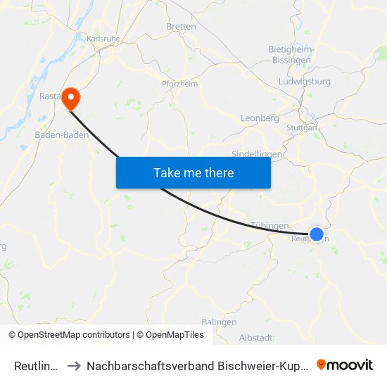 Reutlingen to Nachbarschaftsverband Bischweier-Kuppenheim map