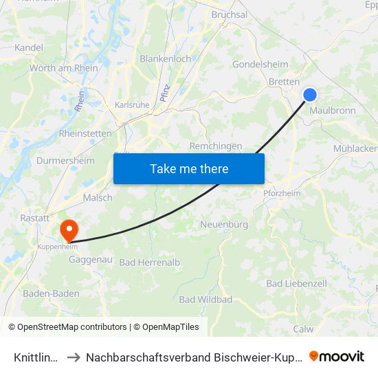 Knittlingen to Nachbarschaftsverband Bischweier-Kuppenheim map