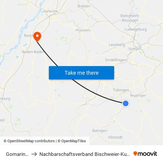 Gomaringen to Nachbarschaftsverband Bischweier-Kuppenheim map